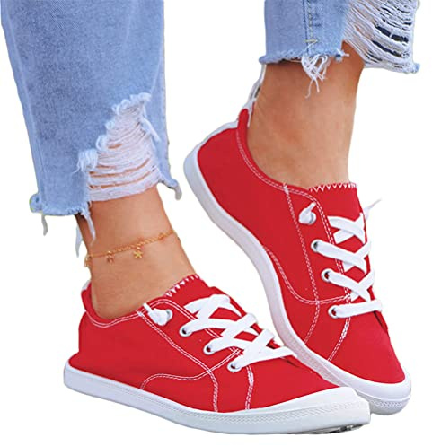 Minetom Zapatillas De Lona Mujer Zapatillas De Deporte Planos Holgadas con Cordones Zapatillas con Punta Encaje Zapatos B Rojo 38 EU