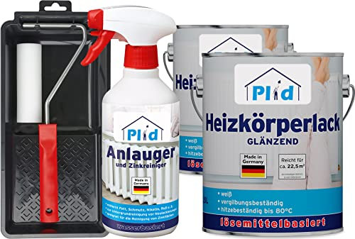 PLID® Heizkörperlack lösemittelhaltig Thermolack Metalllack Heizkörperfarbe Lack Farbe für heizkörperverkleidung schnelltrocknend 2in1 hitzebeständig 80 grad Glänzend Weiß 5l Heizkörperlack