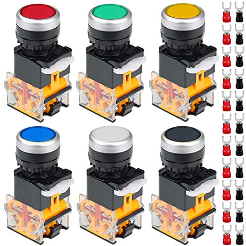 Xiatiaosann 6 Pcs 440V 22mm Momentary Push Button Switch 10A 5 Color (Red/Bule/Green/White/Yellow/Black) LA38-11 1NO 1NC Switch for DIY with 24 Pcs Fork Terminal