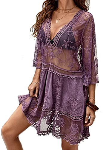 Womens Beach Dresses Crochet Lace Bikini Cover Up See Through Hollow Out Floral Beachwear 3/4 Sleeve