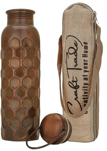 Craft Trade Hammered Pure Copper Bottle with Lid and Carry Bag for Drinking Water BPA Free Leak Proof Boosts Immunity, Supports Digestive & Liver Health, Ayurveda Inspired 34oz - 1 Litre Black