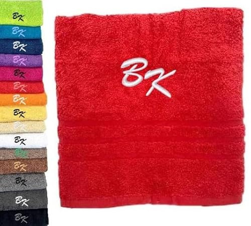 Pet-Jos Personalisiertes Badetuch mit Monogramm, wunderschön gestickte Buchstaben oder Namen, Monogramm-Badetuch, 100% Baumwolltuch (140 x 70 cm, rot)