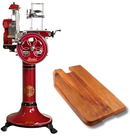 Berkel Aufschnittmaschine - Tribute rot – Wunderschöne Schwungradmaschine mit Standfuß & 100% handgefertigtem Schneidebrett