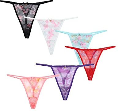 TTPSRY Tangs för kvinnor 6 Pack Sexig Tråd G-String och T-Back Mesh Halvtransparent Mystisk Trosor Mjuk och elastisk Bomull Stor Storlek Andas Underkläder Underkläder Underkläder, Flerfärgad, L
