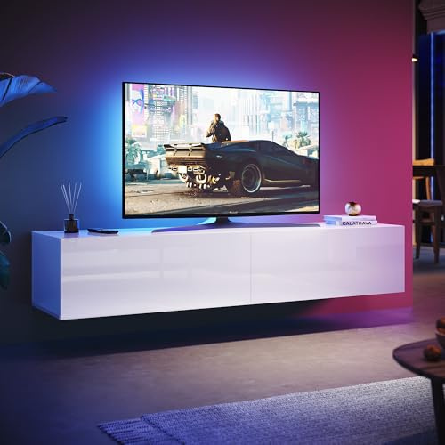 SUNXURY TV Hängeschrank 140 cm Modern Wohnwand Lowboard Hochglanz weiß