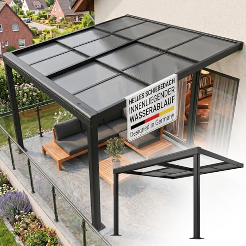 Juskys Terrassenüberdachung 3x3 m mit Schiebedach - Terrassendach aus Aluminium mit Doppelstegplatten - wetterfeste Überdachung mit UV-Schutz - Grau