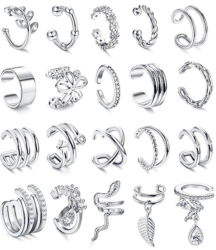 CASSIECA 20 Pcs Ear Cuff Set für Damen - Silber Ohrmanschette Earcuffs Clip Ohrringe Non Piercing Helix Knorpel Wrap Cuff Ohrringe Ohrklemme