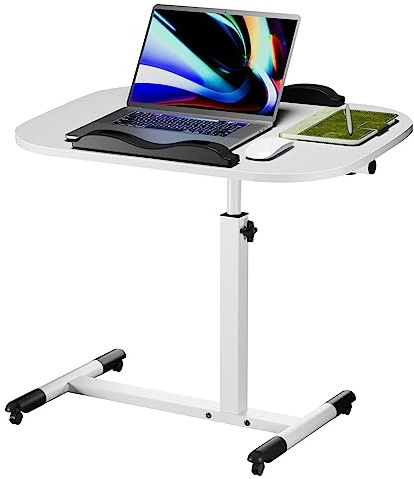 Höhenverstellbarer Schreibtisch Weiß Beistelltisch mit Rollen, Drehbare Klappbarer Tisch klein, computertisch Mobiler, 60×40cm laptoptisch, pc Standing Desk, stehpult für Sofa, Bett