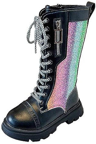 rismart Fille Genou Bottes d'équitation Brillant Noir Latérale Fermeture à glissière Lacets Haute Bottes Mode pour Enfants, 30 EU