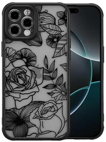 XIZYO Niedlich Rose Blume Hülle für iPhone 15 Pro, Schwarz | Ästhetisch Rose Floral Muster, Luxus Vintage Mädchen Stil, Schlanke Dünne, Matt Transluzent Gestaltung, Stoßfest Anti-Gelb