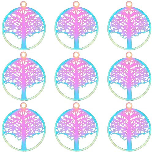 CREATCABIN 50 pz Ciondoli Albero della Vita Pendenti con Ciondoli Piatti Rotondi Cavi Arcobaleno Incisi Abbellimenti in Metallo Filigrana in Acciaio Inossidabile per La Creazione di Gioielli 23x20mm