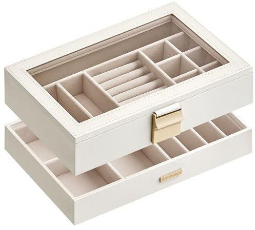 SONGMICS Schmuckkästchen 2 Ebenen, Schmucktablett stapelbar, Schmuckkasten groß, Schmuckbox mit Glasdeckel, 17 x 28 x 8,8 cm, Schmuckeinsatz für Schubladen, Geschenkidee, weiß JBC192W01