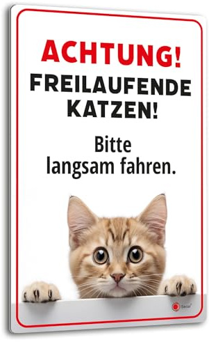 iSecur Achtung freilaufende Katzen Schild 20 x 30 cm weiß - az146 | Achtung freilaufende Katzen! Bitte langsam fahren, weißes Hinweisschild für Autofahrer, 3 mm Aluverbund, wetterfest