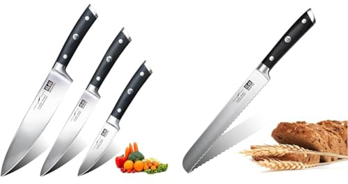 SHAN ZU Juego de 3 Piezas de Cuchillos de Cocina, de Chef de Acero Inoxidable Alemán & Cuchillo Para Pan de Acero Inoxidable 20 cm Cuchillo de pan Cuchillo de Cocina