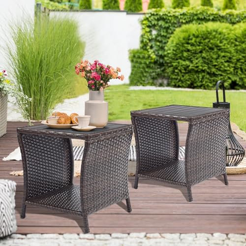 Juego de 2 mesas auxiliares de mimbre marrón para exteriores, mesa auxiliar de mimbre para almacenamiento exterior, mesa de centro con mesa de madera de polietileno para jardín, césped, piscina