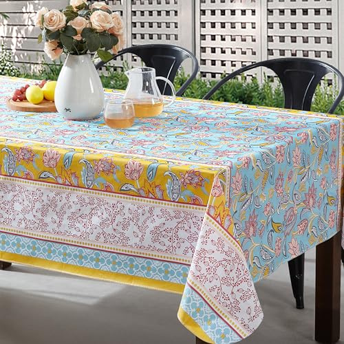 Home Bargains Plus Blue Country Floral Rectangle Vinyl Tablecloth with Flannel Backing, 60 x 84 Inch, Paisley Vinyl Table Cover, Heavy Weight for Dining Party and Barbecues