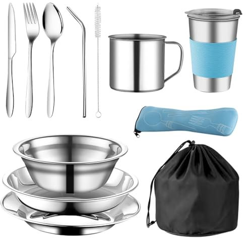 ZOYDP Pentole Campeggio 2 Persone, 12PCS Gavetta Campeggio 2 Persona, Set Posate Campeggio Inox con Piatti Ciotole Tazze Forchette Cucchiai Coltelli, Kit Campeggio Piatti e Posate per Trekking