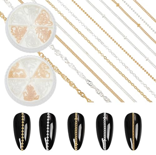 NICENEEDED 12 tiras de Cadenas Metálicas para Decoración de Uñas, Cadena de Joyería de Uñas de Oro Plateado, Punk Nail Charms Adornos de Uñas Joyas de Uñas Nail Art Studs