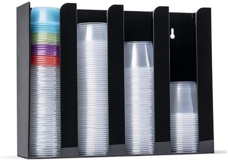 Inevibe Portion Cup and Lid Holder - 4 Compartment Acrylic Organizer for Condiment & Sauce Cups, Fits Cups 2 oz to 5.5 oz in Size, Use Dispenser on Countertop or Wall Mount