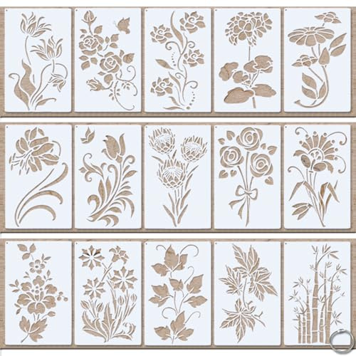 15 Stück Blumen-Schablonen, BOSOIRSOU Pflanzen-Rosen-Schablonen-Vorlagen, botanische Blätter, Zeichnungsvorlagen für Bastelarbeiten, Scrapbooking, Malen auf Wandholz