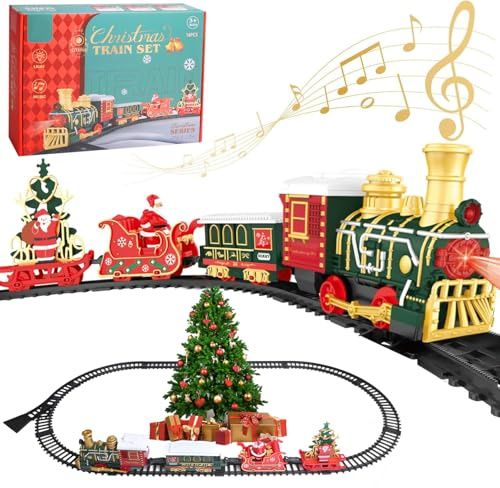 OBEST Elektrischer Zug Set für Kinder, Weihnachts Eisenbahn Spielzeug mit Lichtern und Musik,Spielzeugeisenbahn mit Weihnachtsmannschlitten und Weihnachtsbaum, Spielzeug Weihnachts Geschenk für Kinder