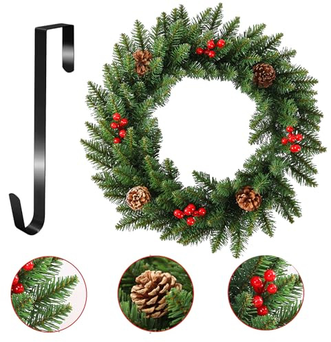 Weihnachtskranz, Weihnachtskranz für Haustür mit Aufhänger, Weihnachtsdekoration mit künstlicher roter Beere, Tannenzapfen-Fichte, künstlicher Kranz, Weihnachtsdekorationen für drinnen und draußen
