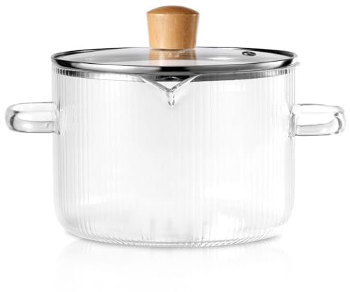 Glass Cooking Pot Transparent Borosilicate Glass Simmer Pot with Lid and Spout Heat Resistant Glass Stovetop Pot Nonstick Soup Pot Cookware 2.3 L/1.6 L for Soup Noodles Sauce Salad xiangbaoshang