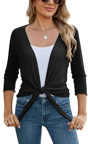 Famulily Sheer Shrug Cardigans for Women 3/4 Sleeve Tie Front Summer Lightweight Cover ups