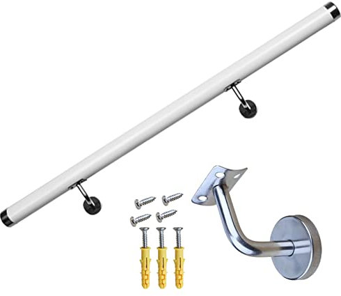 Kit completo de barandilla de escalera montada en la pared para escaleras interiores y exteriores, 5,2 m, pasamanos blancos con soportes plateados