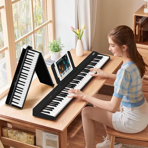 TERENCE E Piano 88 Tasten, Keyboard Piano mit Halbgewichtet, Faltbares Klavier mit Aufnahme und Bluetooth-Unterstützung, mit Pedal und 4-Einheiten-Lautsprecher, Bevorzugte Wahl für Anfänger