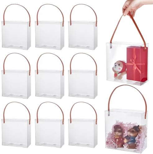 BENECREAT 10 Sets durchsichtige PVC-Geschenkboxen mit braunem Ledergriff, 20x10x20cm transparente Geschenktüten für Partygeschenke, Weihnachtsgeschenkverpackung