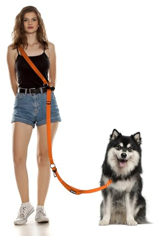 WANFIRE Hands Free Dog Leash, Multifunctional Crossbody Dog Leash, 5.9-9.5Ft Long Waist Belt with Car Seatbelt and Double-Sided Reflective Stitches for Medium and Large Dogs Walking, Jogging(Orange).