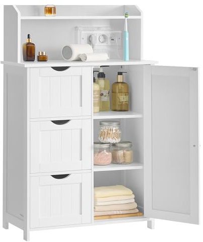 VASAGLE Badezimmerschrank, Badschrank, stehend, mit Tür, Steckdosenleiste, Schubladen, Schrank für Toilettenpapier, Toilettenschrank, verstellbare Ablagen, 30 x 60 x 100 cm, wolkenweiß BBC775W03