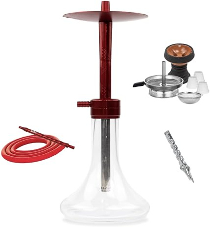 Mr. Eds Shisha Roja 44 cm con Blow-Off, Cazoleta Piedra + Gestor, Manguera Silicona, Boquilla, Pinza y 3 Juntas | Cachimba Premium de Aluminio