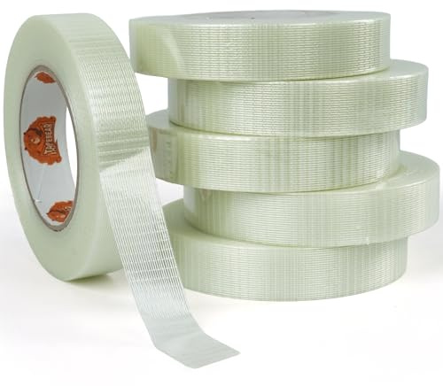 TAPEBEAR Ruban de cerclage fibre de verre 25mm x 55m - 6 Rouleaux | Pour consolidation de charges - Résistance extrême - Pour transport, déménagement - Adhésif haute performance