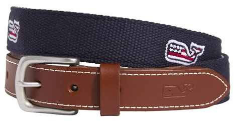vineyard vines Men's Embroidered Flag Whale Canvas Club Belt, Nautical Navy, 40