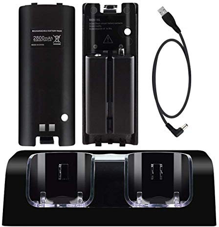 Fesatccoz 2 en 1 estación de carga para mandos Wii, estación de carga para dos mandos incluye 2 pilas recargables de 2800 Mah cargador automático para los controles remotos de juegos Wii