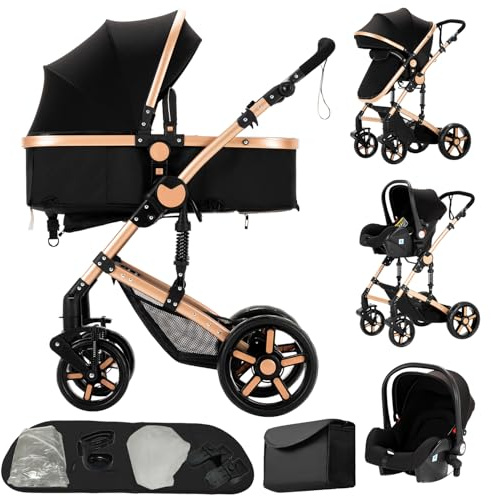 Cochecito 3 en 1 Plegable Uniclic con Bastidor Triangular, Negro y Dorado