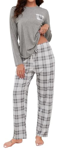 TeJoyce Pyjama Femme Hiver Coton, Ensembles De Pyjama Femme Coton VêTements De Nuit à Manches Longues Et Pantalon à Carreaux avec Poches, Doux Et Cocooning pour La Maison S-XXL