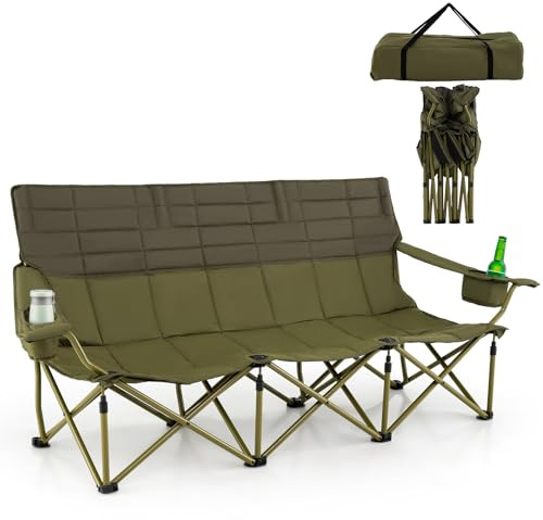 GIANTEX Campingstol vikbar, 3-sitsig fällstol med justerbart armstöd, mugghållare och bärväska, campingstol för utomhus, trädgård och balkong, kan belastas upp till 408 kg (mörkgrön, 3-sitsig)