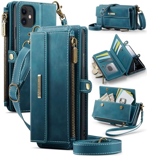UFinetech Wallet Case for iPhone 11 – RFID Blocking PU Leather Phone Case with Card Holder, Zipper Pocket, Kickstand, Magnetic Closure, Shoulder & Wrist Strap, Blue Green