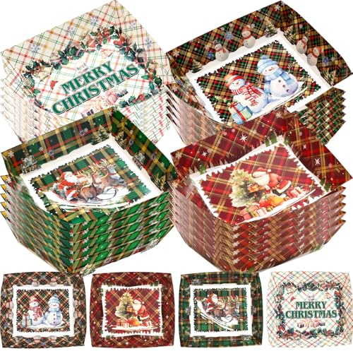 WorldBazaar 24Pcs Christmas Paper Food Trays Christmas Large Disposable Plates Nacho Snack Serving Bowl Holiday Winter BBQ Party Supplies
