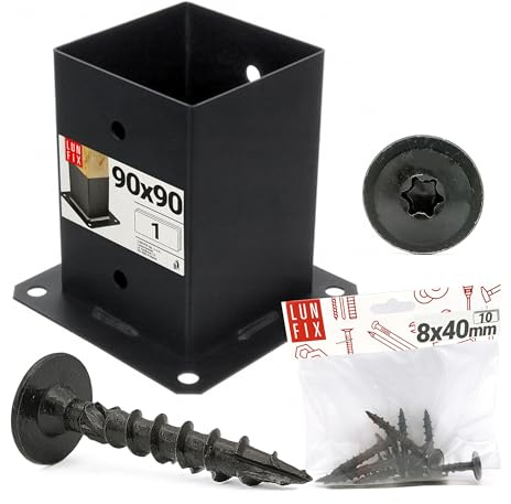 LUN FIX Pfostenträger 90x90 mm, Bodenhülse Schwarz + 10x Schrauben 8x40 | Aufschraubhülse Zum Aufschrauben, Pfostenschuh Und Pfostenanker Für Holzpfosten, Mit Ankerplatte Aus Verzinktem Stahl, 2 mm