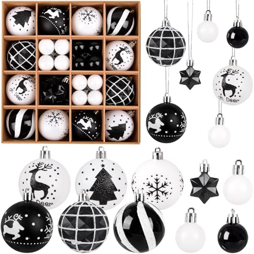 44er Set Kunststoff Weihnachtskugeln Schwarz Weiss,3/6cm Weihnachtskugeln Bruchsicher Christbaumkugeln Mini Christbaumschmuck mit Verpackung Tannenbaumkugeln Weihnachtsbaum Deko für Outdoor Indoor