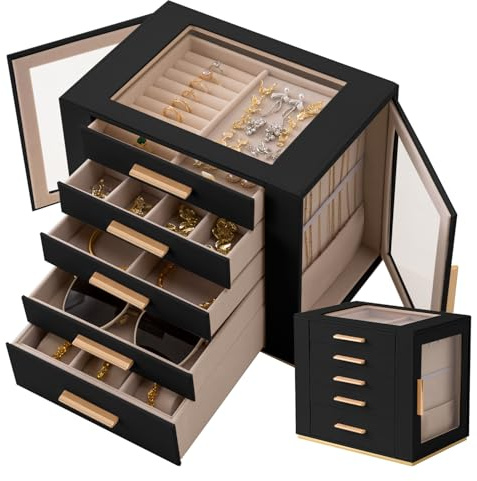 Granbest Boîte à bijoux à 5 étages avec couvercle en verre, organiseur de bijoux haute capacité avec tiroirs et miroir, boîte à bijoux en PU pour colliers, boucles d'oreilles, bagues, bracelets (noir)