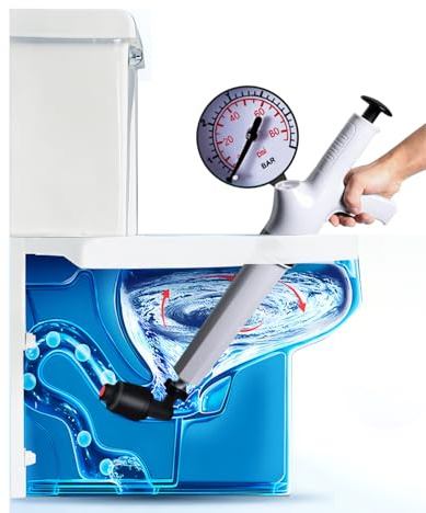 Qcesorib Pompa Stura Scarichi a Pressione con Barometro, Stantuffo per WC ad Aria Compressa, Pistone per WC con 4 Teste di Pistone, per Sbloccare WC, Lavandino, Bianco, Scarico a Pavimento