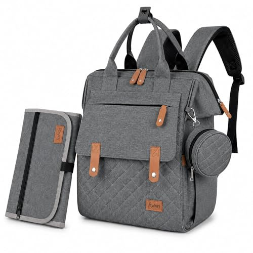 AWASG Wickelrucksack Inkl. Wickelunterlage, Wickeltasche Groß mit Viel Stauraum, Baby Rucksack für Unterwegs, Dunkelgrau