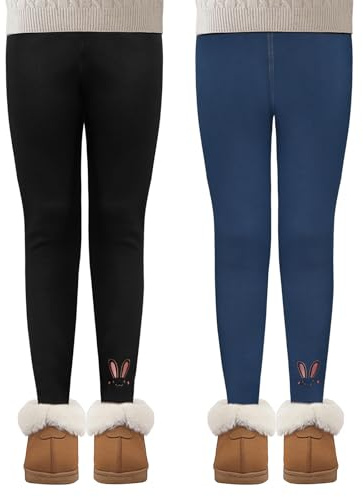 MASOCIO 2-pack termoleggings flickor fodrade leggings barn varma långa byxor storlek 104–158, Svart marinblå, 152-158