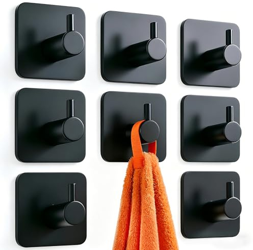 Handtuchhalter Ohne Bohren 8 Stück, Klebehaken Schwarz Matt aus Edelstahl Wasserdicht, Handtuchhaken Extra Starke Selbstklebend, Hohe Tragfähigkeit Robust und Langlebig für Badezimmer, Toilette, Küche