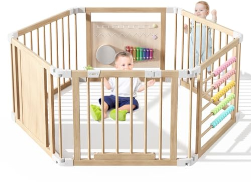 80x160x61cm Baby Laufgitter klappbar Laufstall Holz Kinder (6 Paneele) | Activity Center mit Tür, musikalischem Spielzeug Krabbelgitter Verformbar Absperrgitter für Kinder